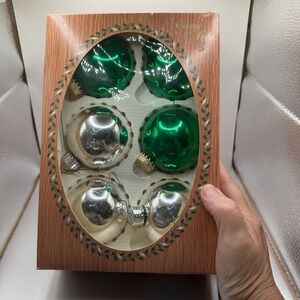Christmas by Krebs Glass Ornaments 6PK Green Silver Designer Crowns LW70000 USA